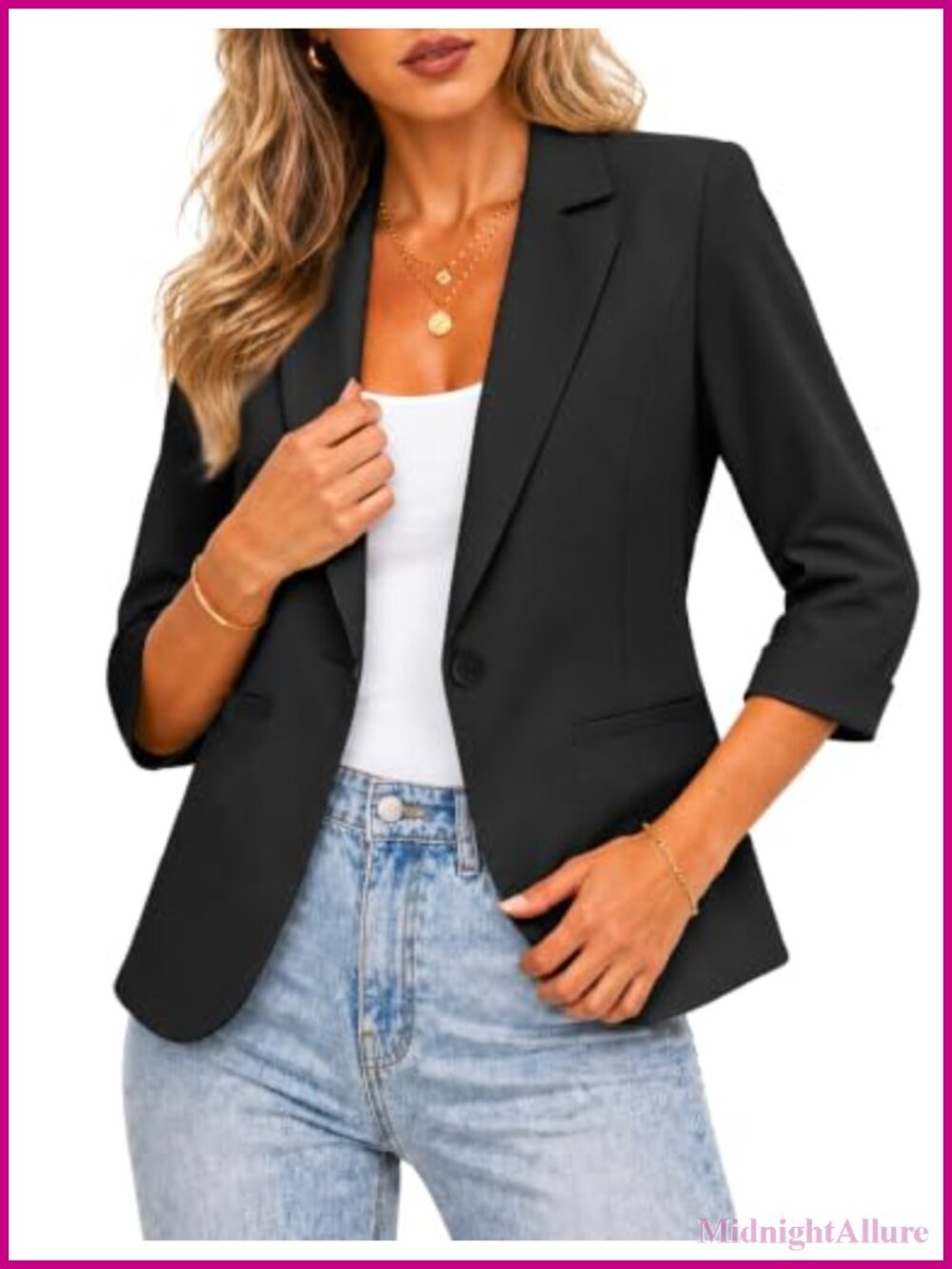 Lightweight Polyester Blazer 3/4 Sleeve Button Front Casual Office